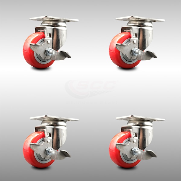 Service Caster 3 Inch 316SS Red Polyurethane Wheel Swivel Top Plate Caster Set with Brake SCC SCC-SS31620S314-PPUB-RED-TLB-4 - main